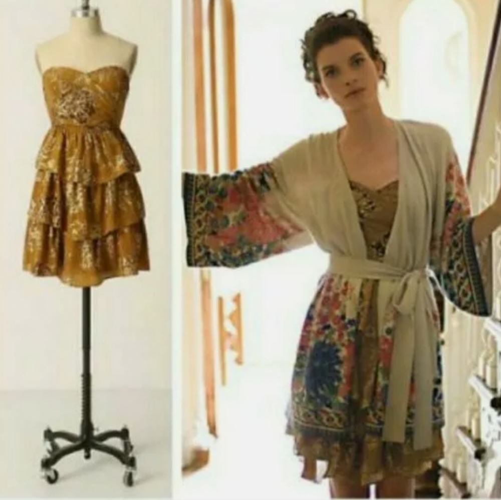 💛ANTHROPOLOGIE💛MOULINETTE SOEURS STRAPLESS RUFFLE DRESS gold floral SIZE 6